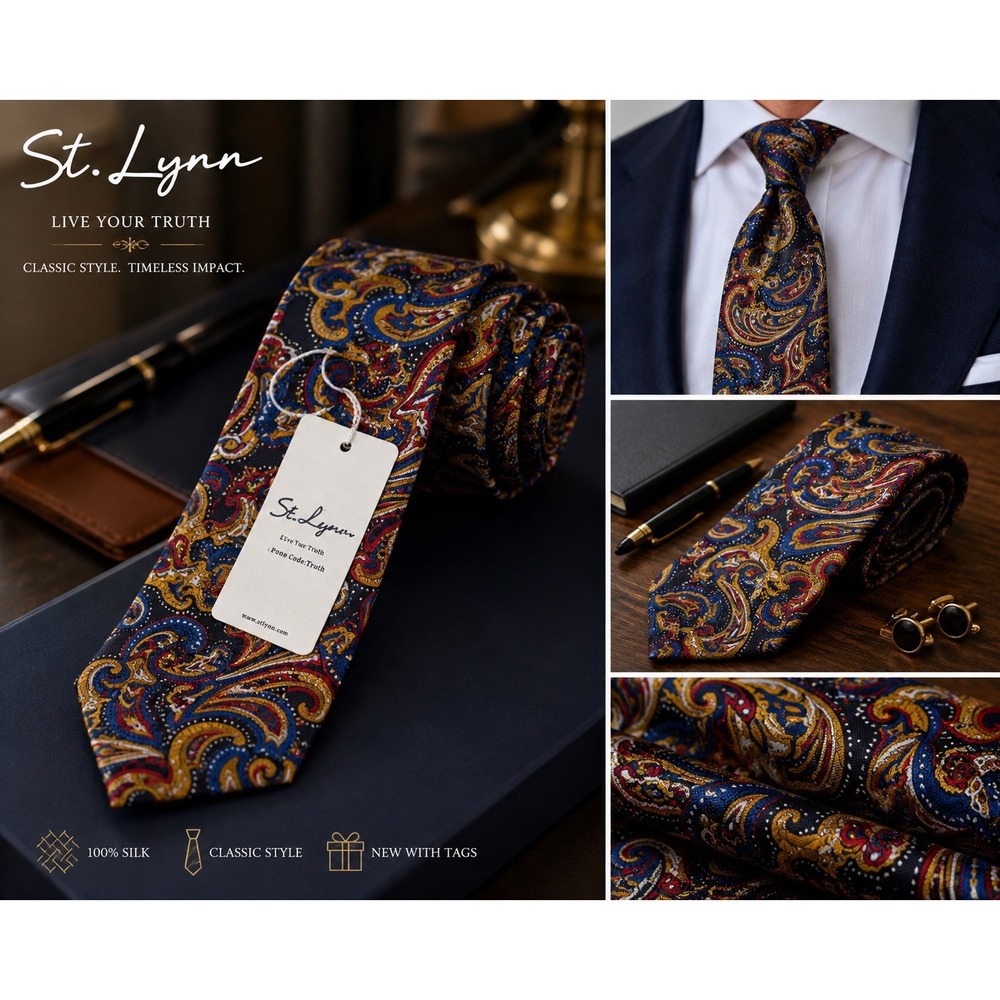St. Lynn Men's 100% Silk Paisley Necktie Navy Blue Gold Red NWT Classic Tie